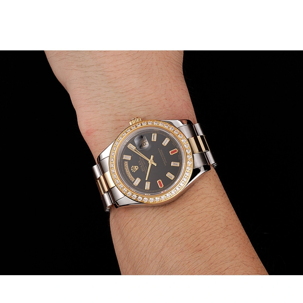 AAA replica watch 1454105 Bracelet Swiss Two Diamonds Black Rolex Dial Tone And Day-Date Rubies 1014
